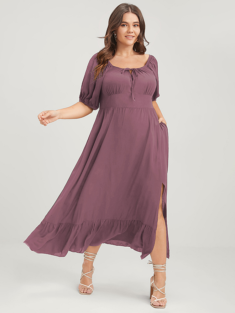 

Plus Size Solid Pocket Lantern Sleeve Ruffles Ties Square Neck Maxi Dress DustyPink Women Elegant Plain Square Neck Half Sleeve Curvy Long Dress BloomChic