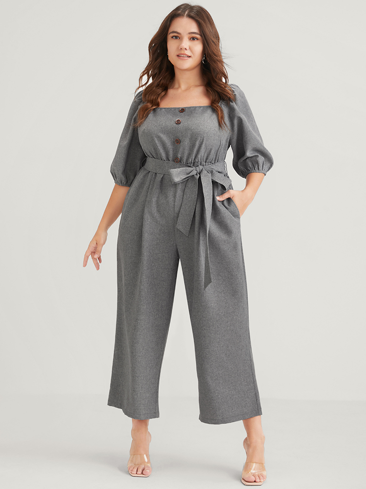 Plus Size DimGray Plain Fake Button Pocket Puff Sleeve Square Neck Belted Jumpsuit Women Office Half Sleeve Square Neck Work Loose Jumpsuits BloomChic 12/L 
