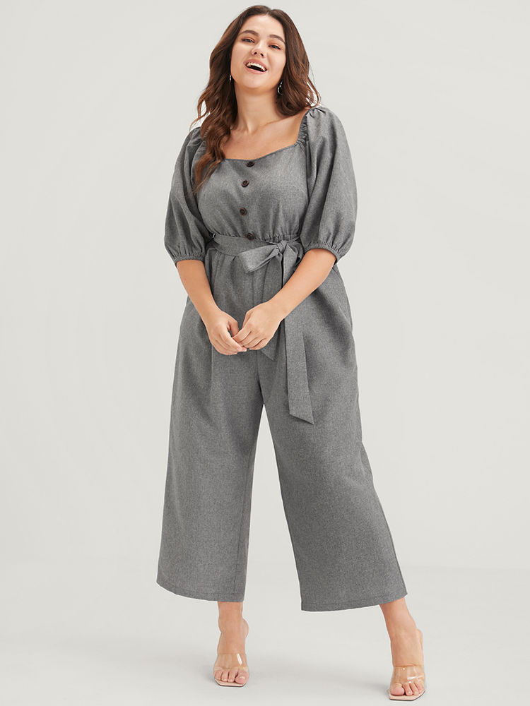 Plus Size DimGray Plain Fake Button Pocket Puff Sleeve Square Neck Belted Jumpsuit Women Office Half Sleeve Square Neck Work Loose Jumpsuits BloomChic 12/L 