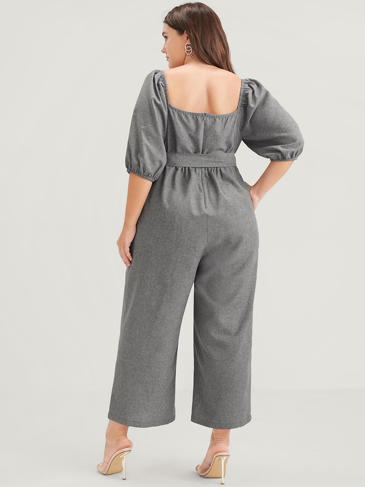 Plus Size DimGray Plain Fake Button Pocket Puff Sleeve Square Neck Belted Jumpsuit Women Office Half Sleeve Square Neck Work Loose Jumpsuits BloomChic 12/L 