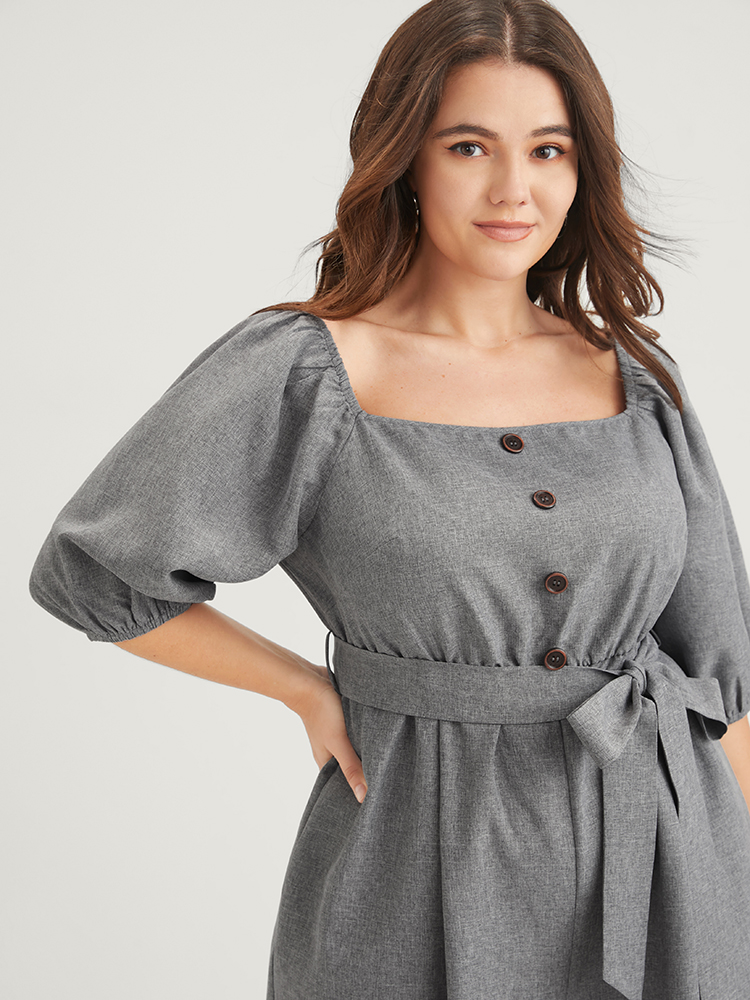 Plus Size DimGray Plain Fake Button Pocket Puff Sleeve Square Neck Belted Jumpsuit Women Office Half Sleeve Square Neck Work Loose Jumpsuits BloomChic 12/L 