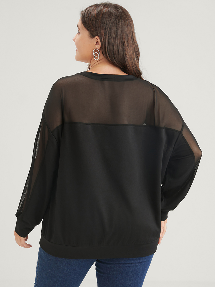 

Plus Size Solid Round Neck Mesh Patchwork Drop Shoulder Sweatshirt Women Black Elegant See through Round Neck Dailywear Sweatshirts BloomChic