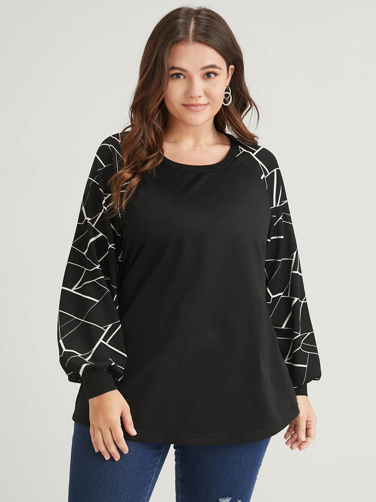 

Plus Size Geometric Raglan Sleeve Round Neck Sweatshirt Women Black Elegant Patchwork Round Neck Dailywear Sweatshirts BloomChic