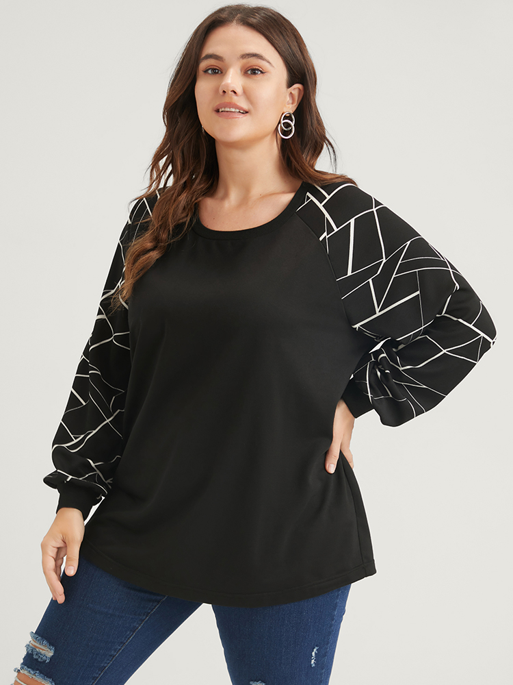 Plus Size Women Dailywear Geometric Patchwork Regular Raglan sleeve Long Sleeve Round Neck Elegant Sweatshirts BloomChic 
