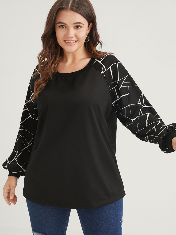 Plus Size Women Dailywear Geometric Patchwork Regular Raglan sleeve Long Sleeve Round Neck Elegant Sweatshirts BloomChic 
