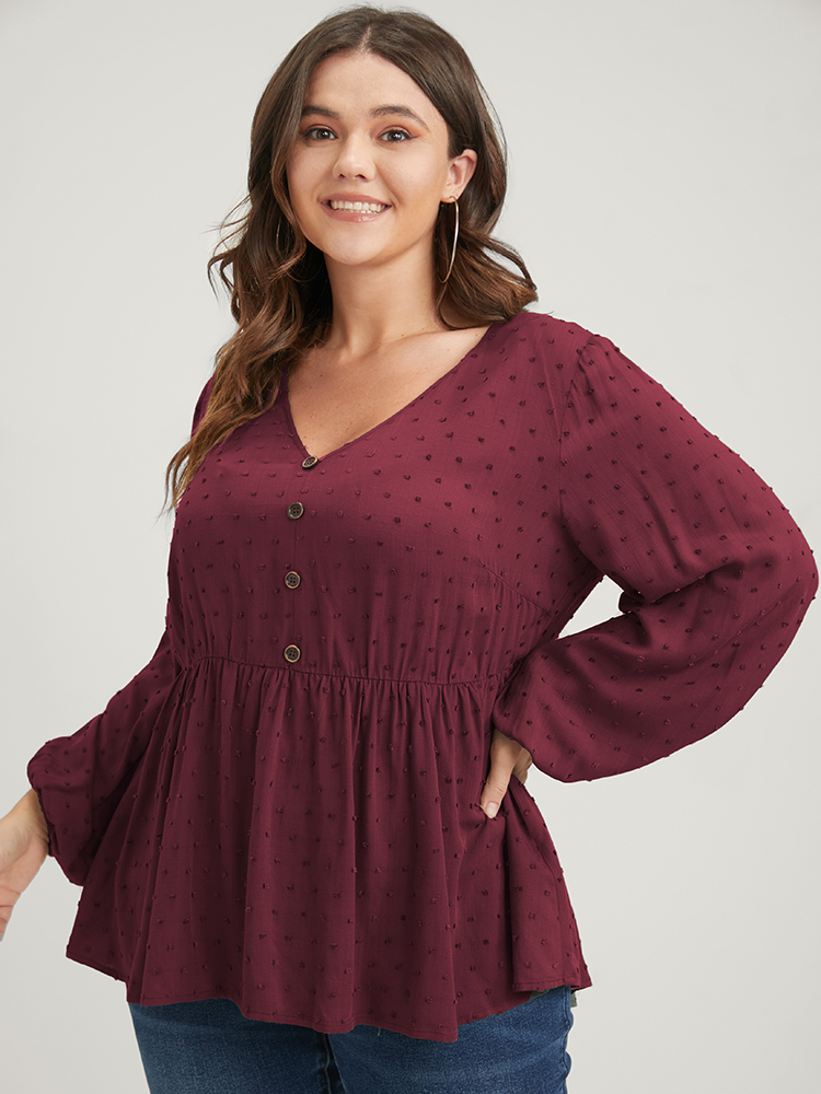 

Plus Size Burgundy Polka Dot Flutter Button Detail Lantern Sleeve Blouse Women Elegant Long Sleeve V-neck Dailywear Blouses BloomChic