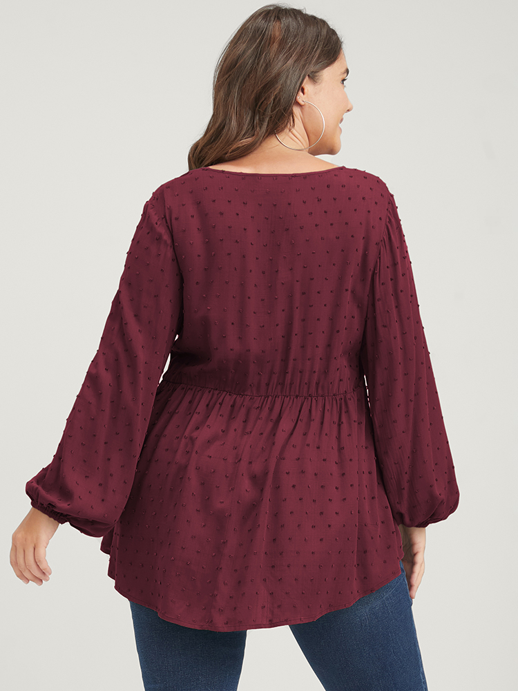 Plus Size Burgundy Polka Dot Flutter Button Detail Lantern Sleeve Blouse Women Elegant Long Sleeve V-neck Dailywear Blouses BloomChic 26/4X 