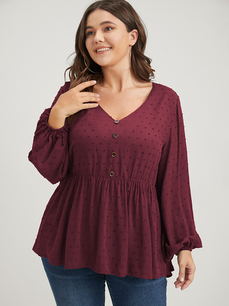Plus Size Burgundy Polka Dot Flutter Button Detail Lantern Sleeve Blouse Women Elegant Long Sleeve V-neck Dailywear Blouses BloomChic 26/4X 