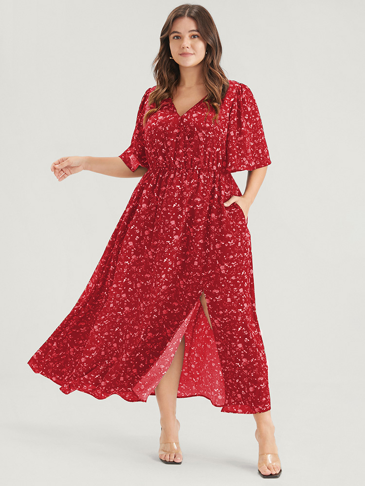 

Plus Size Floral Print Split Pocket Wrap Button Ruffled Maxi Dress Red Women Elegant Printed V-neck Half Sleeve Curvy Maxi Dress BloomChic