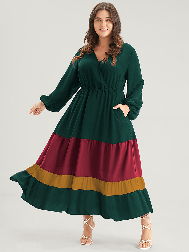 

Plus Size Bloom Dress -Colorblock Contrast Pocket Lantern Sleeve Flutter Surplice Neck Maxi Dress DarkGreen Women Elegant Patchwork V-neck Long Sleeve Curvy Long Dress BloomChic