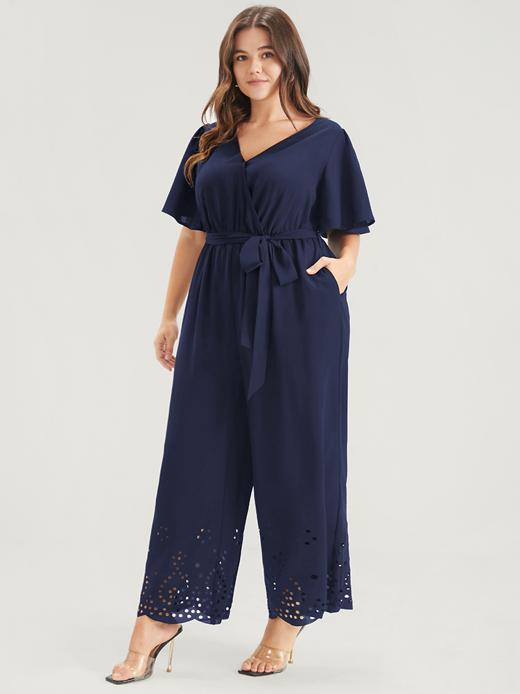 Plus Size DarkBlue Plain Scalloped Pocket Ruffles Button Belted Laser Cut Wrap Jumpsuit Women Elegant Short sleeve V-neck Dailywear Loose Jumpsuits BloomChic 14-16/1X 