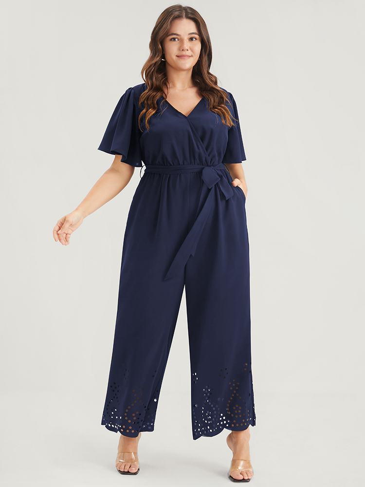 Plus Size DarkBlue Plain Scalloped Pocket Ruffles Button Belted Laser Cut Wrap Jumpsuit Women Elegant Short sleeve V-neck Dailywear Loose Jumpsuits BloomChic 14-16/1X 