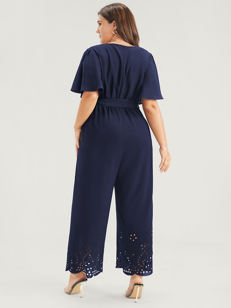 Plus Size DarkBlue Plain Scalloped Pocket Ruffles Button Belted Laser Cut Wrap Jumpsuit Women Elegant Short sleeve V-neck Dailywear Loose Jumpsuits BloomChic 14-16/1X 