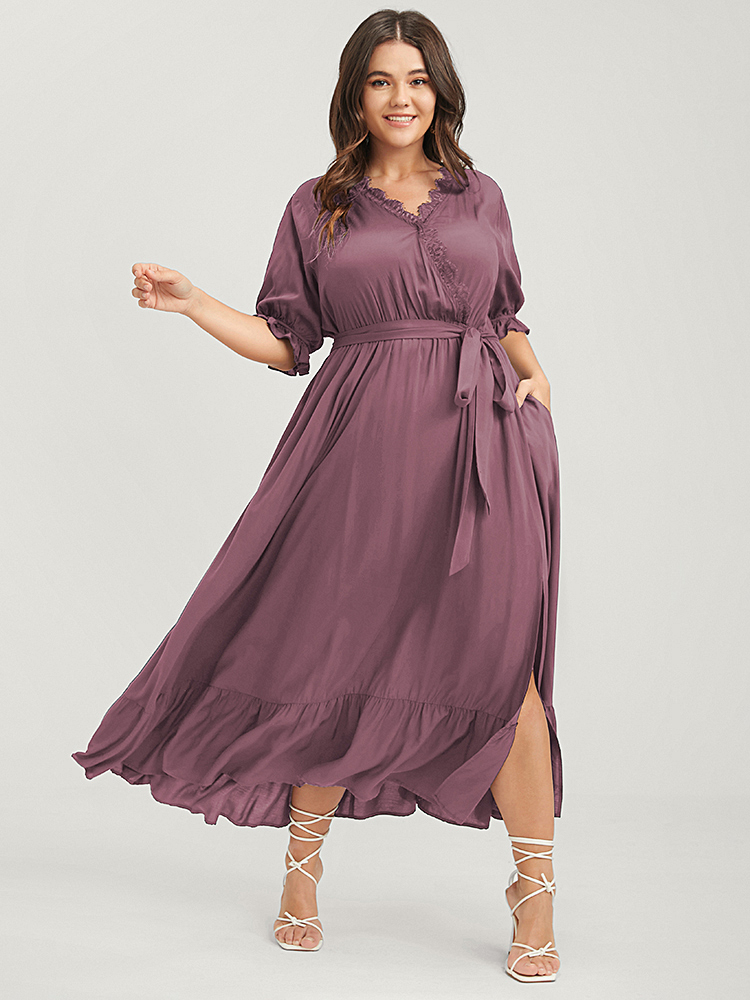 

Plus Size Solid Knotted Pocket Lace Trim Wrap Maxi Dress DustyPink Women Elegant Patchwork V-neck Half Sleeve Curvy Midi Dress BloomChic