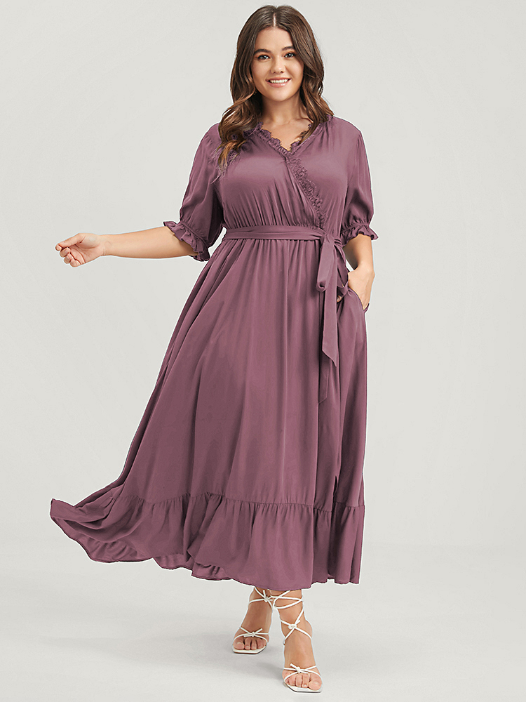 

Plus Size Solid Knotted Pocket Lace Trim Wrap Maxi Dress DustyPink Women Elegant Patchwork V-neck Half Sleeve Curvy Midi Dress BloomChic