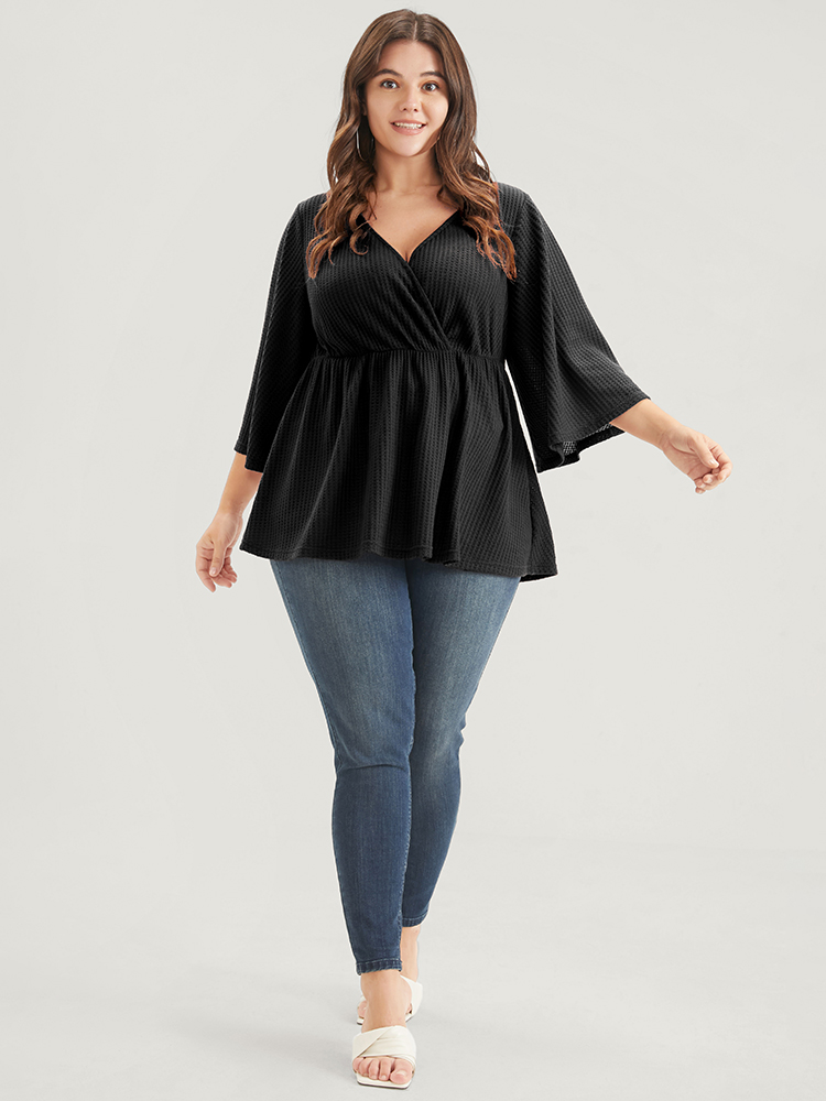 

Plus Size Solid Waffle Knit Flounce Sleeve Ruffles Wrap Tee Black Women Elegant Wrap Plain V-neck Dailywear T-shirts BloomChic