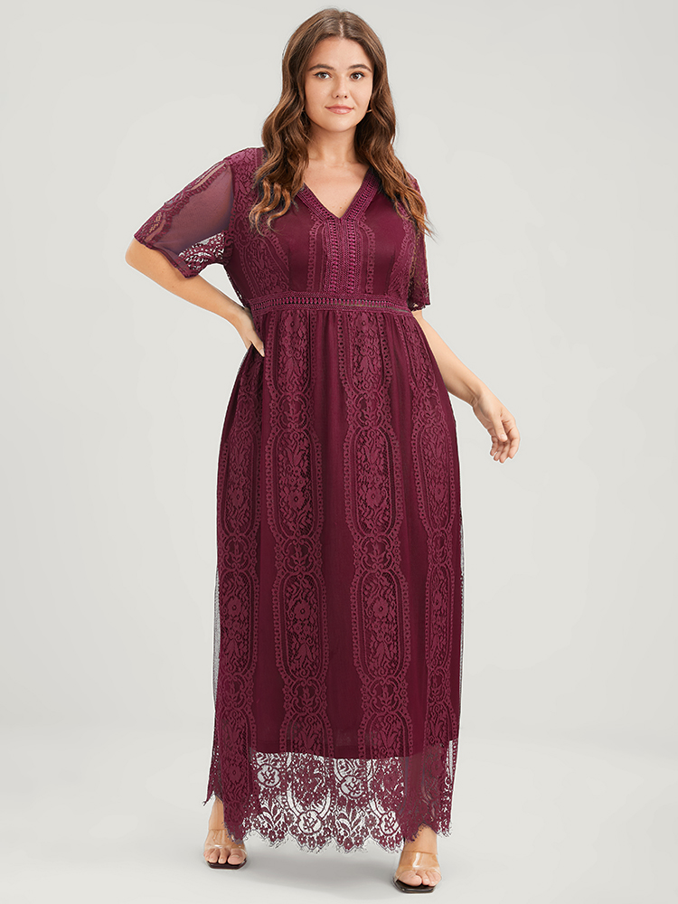 

Elegant Mesh Lace Embroidered Plus Size Women Long Dress Dailywear Plain Sleeve Short Sleeve V Neck Dresses BloomChic, Burgundy