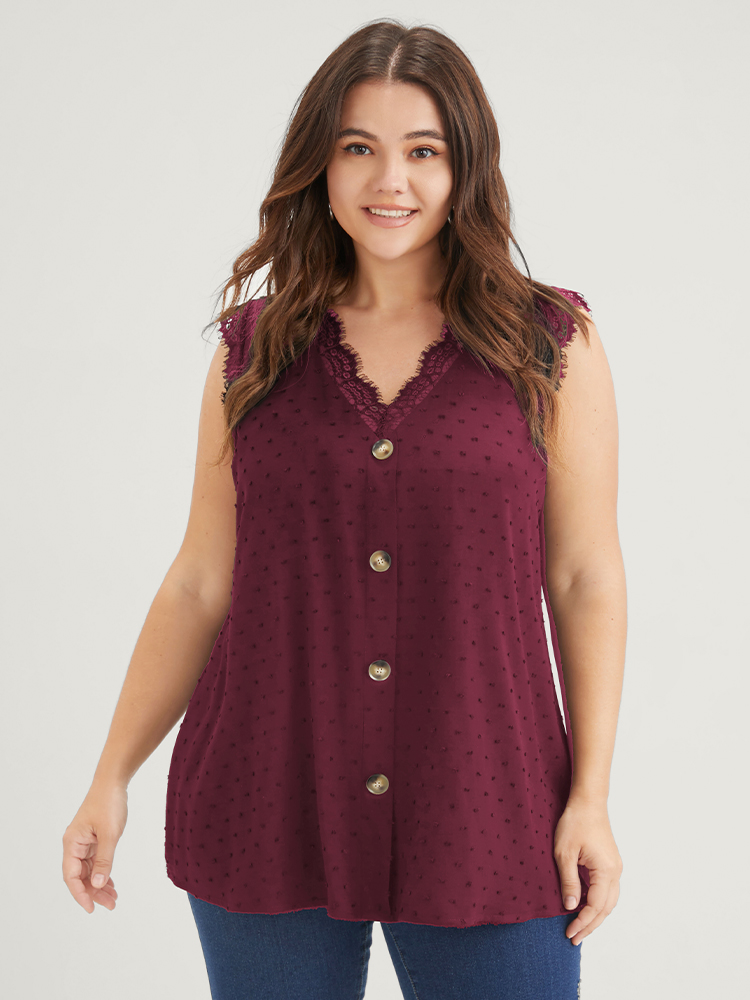 

Plus Size Polka Dot Button Eyelet Lace Trim Tank Top Women Burgundy Elegant Patchwork V-neck Dailywear Tank Tops Camis BloomChic