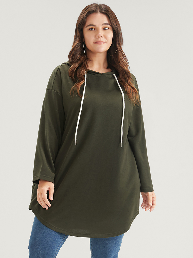 

Plus Size Solid Pocket Arc Hem Drawstring Hooded Sweatshirt Women ArmyGreen Casual Plain Loose Hooded Dailywear Sweatshirts BloomChic