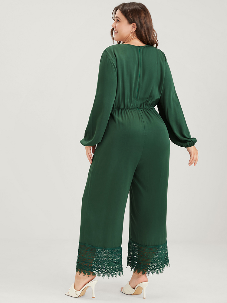 

Plus Size Green Plain Pocket Button Lantern Sleeve Lace Hem Tie Jumpsuit Women Elegant Long Sleeve V-neck Dailywear Loose Jumpsuits BloomChic