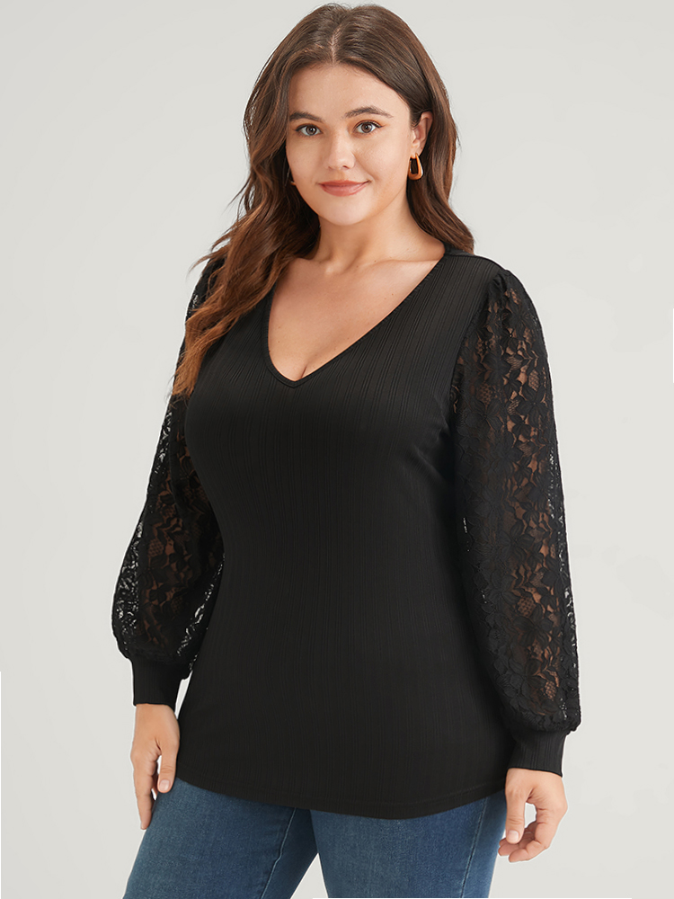 

Plus Size Solid Rib Knit Contrast Lace Lantern Sleeve Long Tee Black Women Elegant Plain Plain V-neck Dailywear T-shirts BloomChic