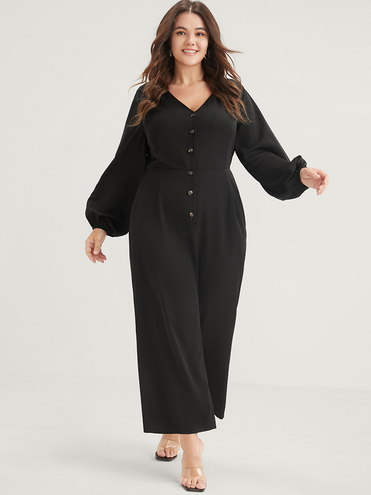 Plus Size Black Solid Button Front Lantern Sleeve Pocket Wide Leg Jumpsuit Women Office Long Sleeve V-neck Work Loose Jumpsuits BloomChic 30/6X 
