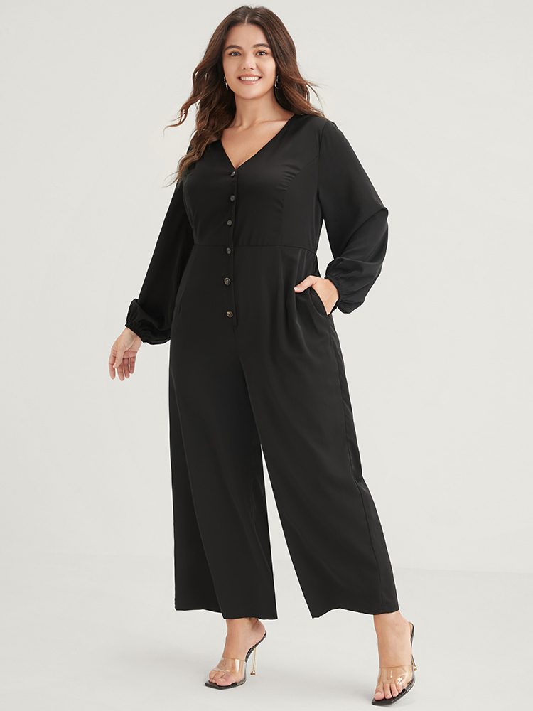 Plus Size Black Solid Button Front Lantern Sleeve Pocket Wide Leg Jumpsuit Women Office Long Sleeve V-neck Work Loose Jumpsuits BloomChic 30/6X 