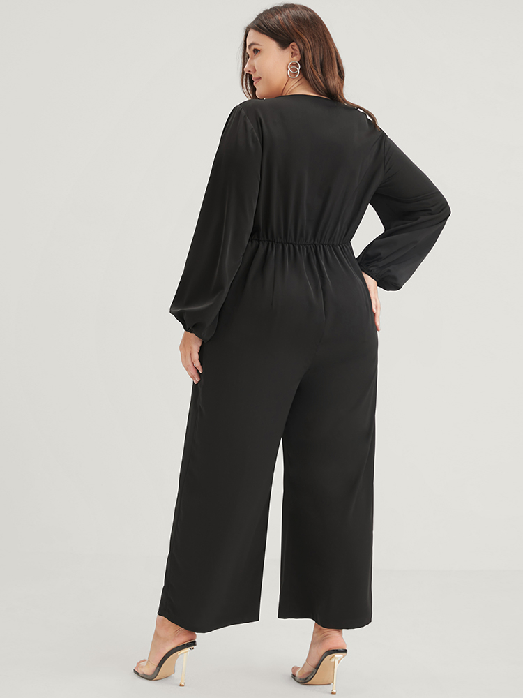 Plus Size Black Solid Button Front Lantern Sleeve Pocket Wide Leg Jumpsuit Women Office Long Sleeve V-neck Work Loose Jumpsuits BloomChic 30/6X 