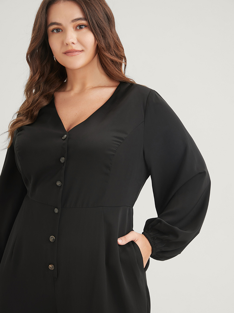 Plus Size Black Solid Button Front Lantern Sleeve Pocket Wide Leg Jumpsuit Women Office Long Sleeve V-neck Work Loose Jumpsuits BloomChic 30/6X 