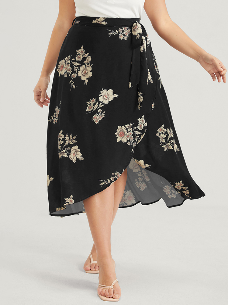 

Plus Size Floral Knotted Elastic Waist Wrap Split Skirt Women Black Elegant Printed No stretch Belt Dailywear Skirts BloomChic