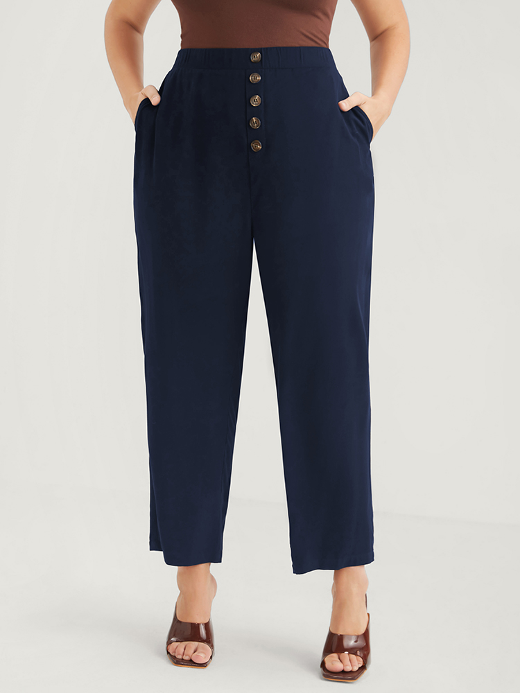 

Plus Size Solid Fake Button Pocket Elastic Waist Pants Women Navy Office High Rise Work Pants BloomChic