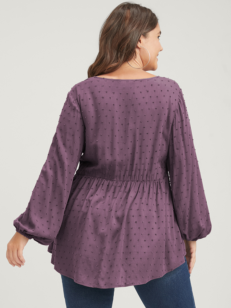 

Plus Size Mauve Polka Dot Flutter Button Detail Lantern Sleeve Blouse Women Elegant Long Sleeve V-neck Dailywear Blouses BloomChic