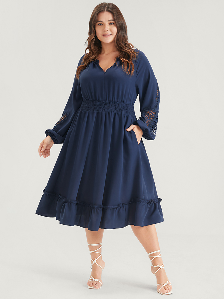 

Plus Size Solid Pocket Crochet Lace Lantern Sleeve Ruffle Shirred Midi Dress DarkBlue Women Dating Plain V-neck Long Sleeve Curvy Midi Dress BloomChic