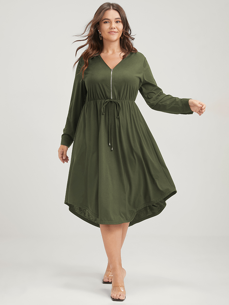 

Plus Size Solid Zipper Pocket Flutter Drawstring Asymmetrical Hem Dress ArmyGreen Women Office Zipper V-neck Long Sleeve Curvy Midi Dress BloomChic