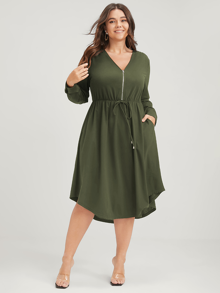 

Plus Size Solid Zipper Pocket Flutter Drawstring Asymmetrical Hem Dress ArmyGreen Women Office Zipper V-neck Long Sleeve Curvy Midi Dress BloomChic