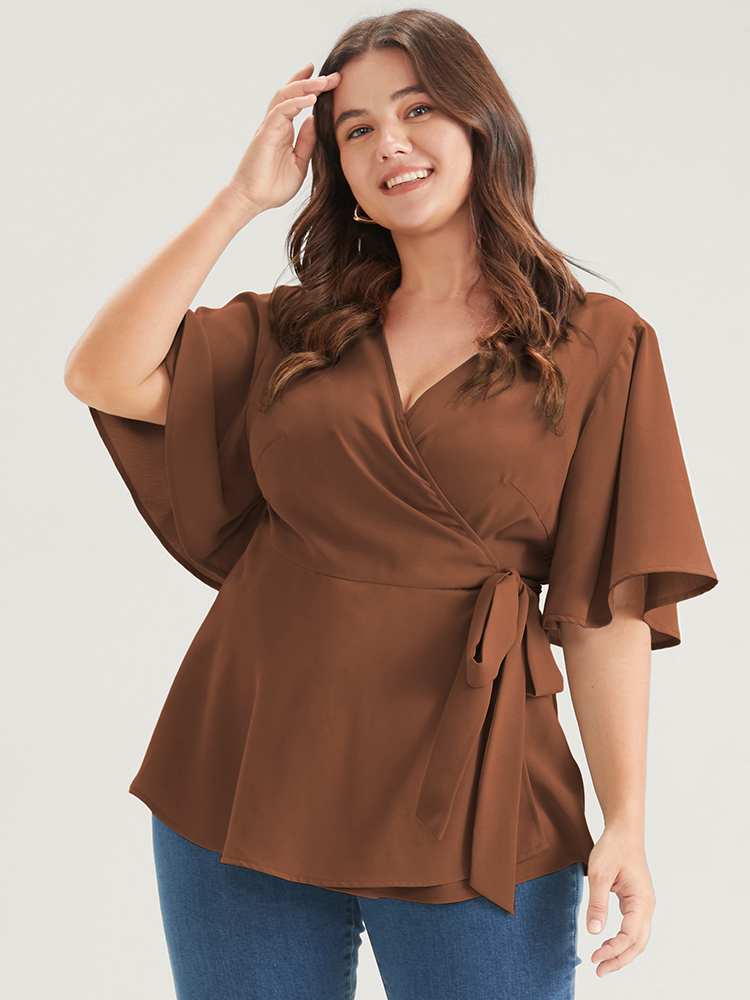 

Plus Size Chocolate Plain Ruffles Button Belted Wrap Babydoll Blouse Women Elegant Short sleeve V-neck Dailywear Blouses BloomChic