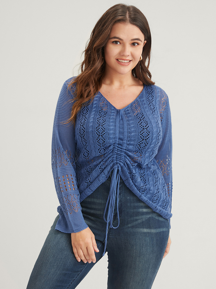 Plus Size Plain Pointelle Knit V Neck Crochet Drawstring Knit Top Blue Women Elegant Long Sleeve V-neck Dailywear Pullovers BloomChic 30/6X 