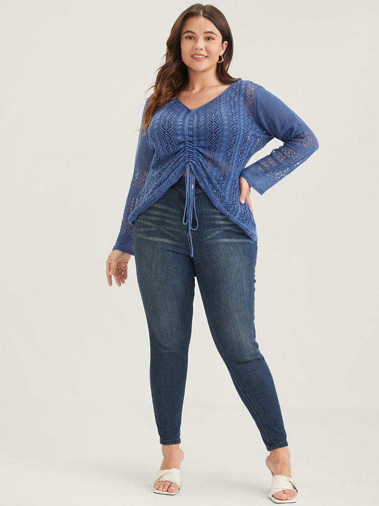 Plus Size Plain Pointelle Knit V Neck Crochet Drawstring Knit Top Blue Women Elegant Long Sleeve V-neck Dailywear Pullovers BloomChic 30/6X 