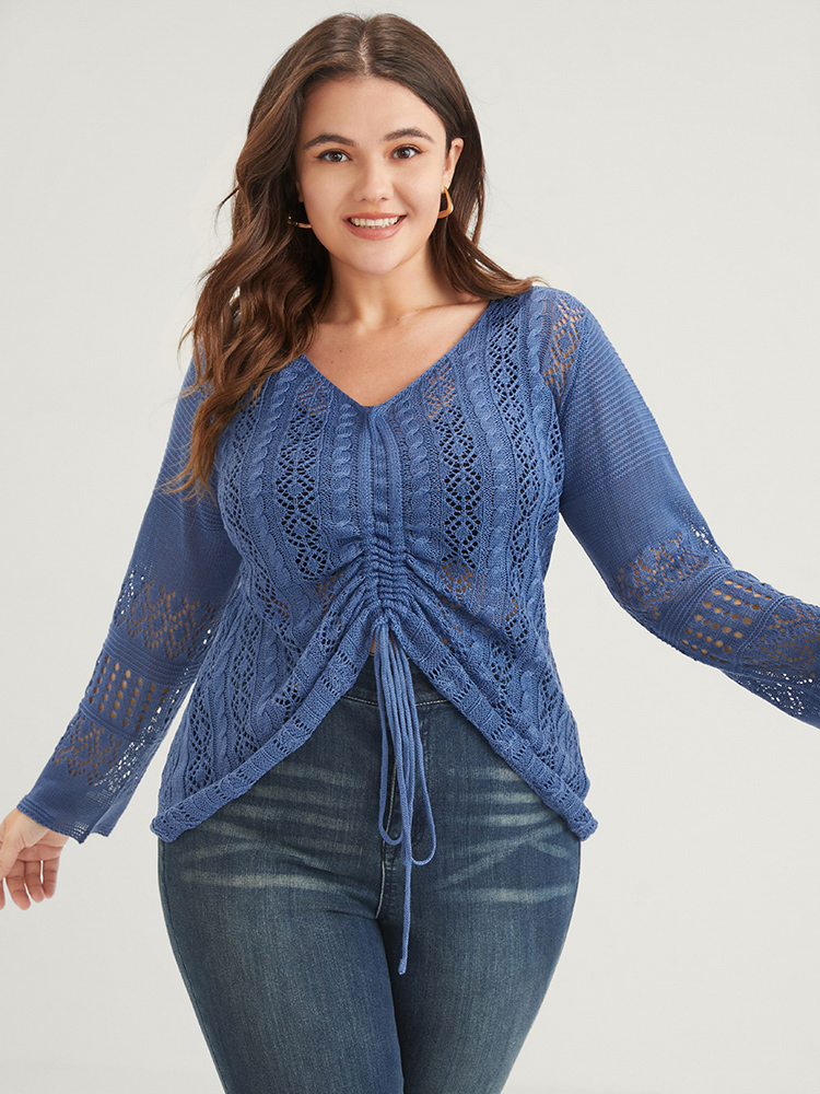 

Plus Size Plain Pointelle Knit V Neck Crochet Drawstring Knit Top Blue Women Elegant Long Sleeve V-neck Dailywear Pullovers BloomChic