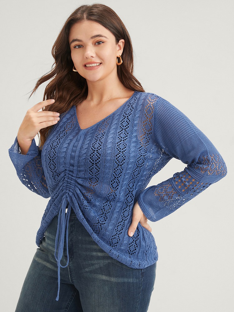 Plus Size Plain Pointelle Knit V Neck Crochet Drawstring Knit Top Blue Women Elegant Long Sleeve V-neck Dailywear Pullovers BloomChic 30/6X 