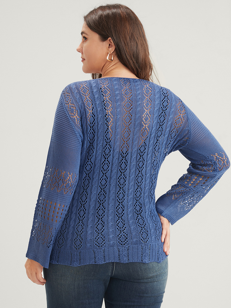 Plus Size Plain Pointelle Knit V Neck Crochet Drawstring Knit Top Blue Women Elegant Long Sleeve V-neck Dailywear Pullovers BloomChic 30/6X 
