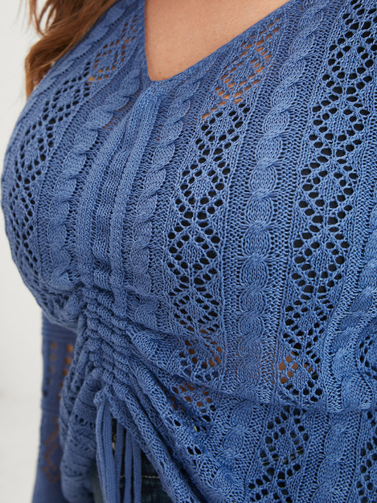 Plus Size Plain Pointelle Knit V Neck Crochet Drawstring Knit Top Blue Women Elegant Long Sleeve V-neck Dailywear Pullovers BloomChic 30/6X 