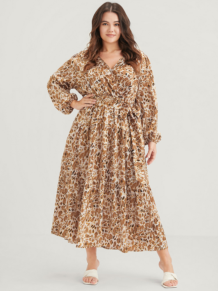 

Plus Size Leopard Pocket Surplice Neck Lantern Sleeve Ruffles Belted Maxi Dress Leopard Women Elegant Printed Long Sleeve Curvy Long Dress BloomChic