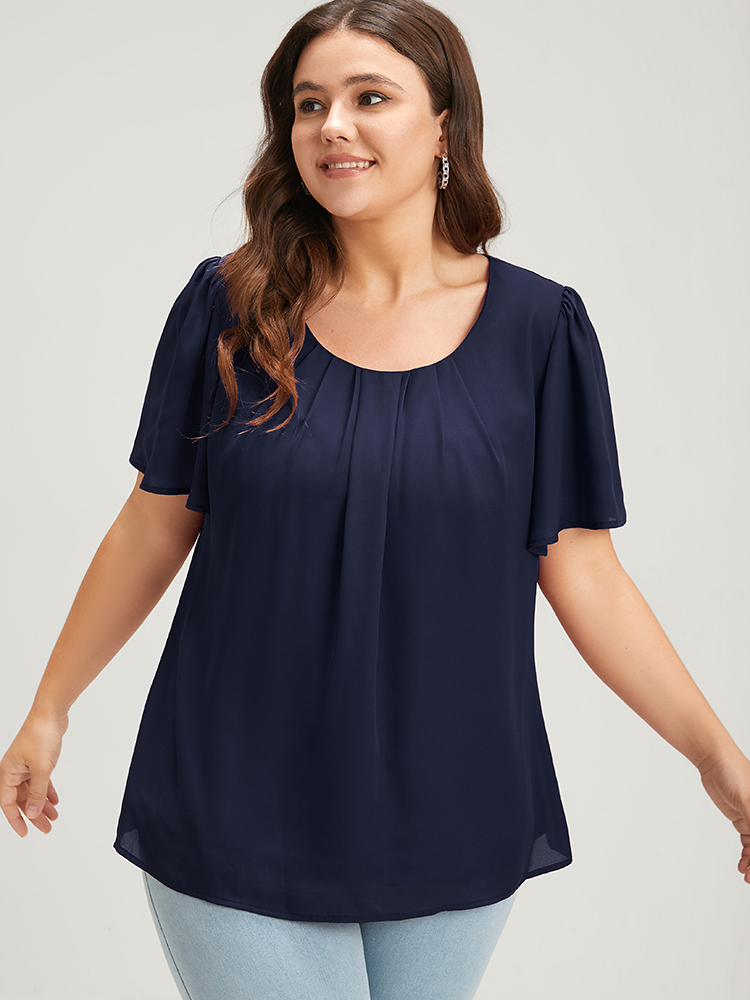 

Plus Size Navy Solid Pleated Flutter Round Neck Blouse Women Elegant Short sleeve Round Neck Dailywear Blouses BloomChic