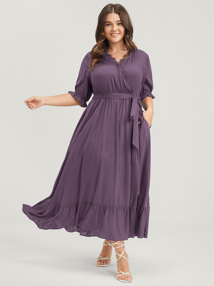 

Plus Size Solid Knotted Pocket Lace Trim Wrap Maxi Dress Purple Women Elegant Patchwork V-neck Half Sleeve Curvy Midi Dress BloomChic