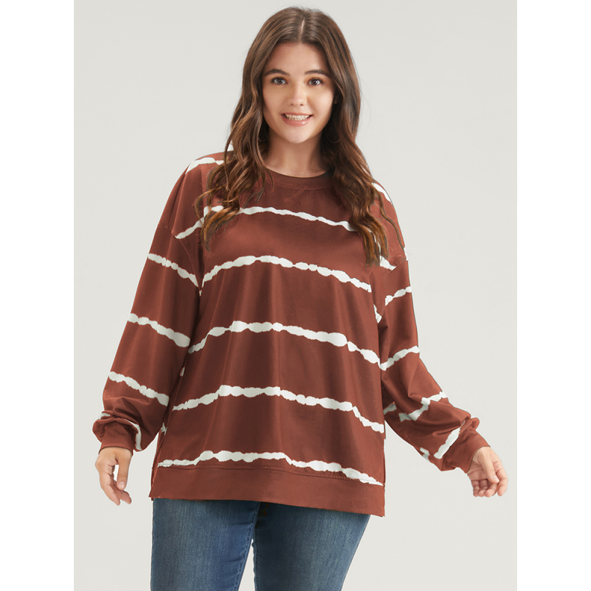 

Plus Size Tie Dye Striped Side Split Drop Shoulder Sweatshirt Women Chocolate Casual Tie Dye Loose Round Neck Dailywear Sweatshirts BloomChic