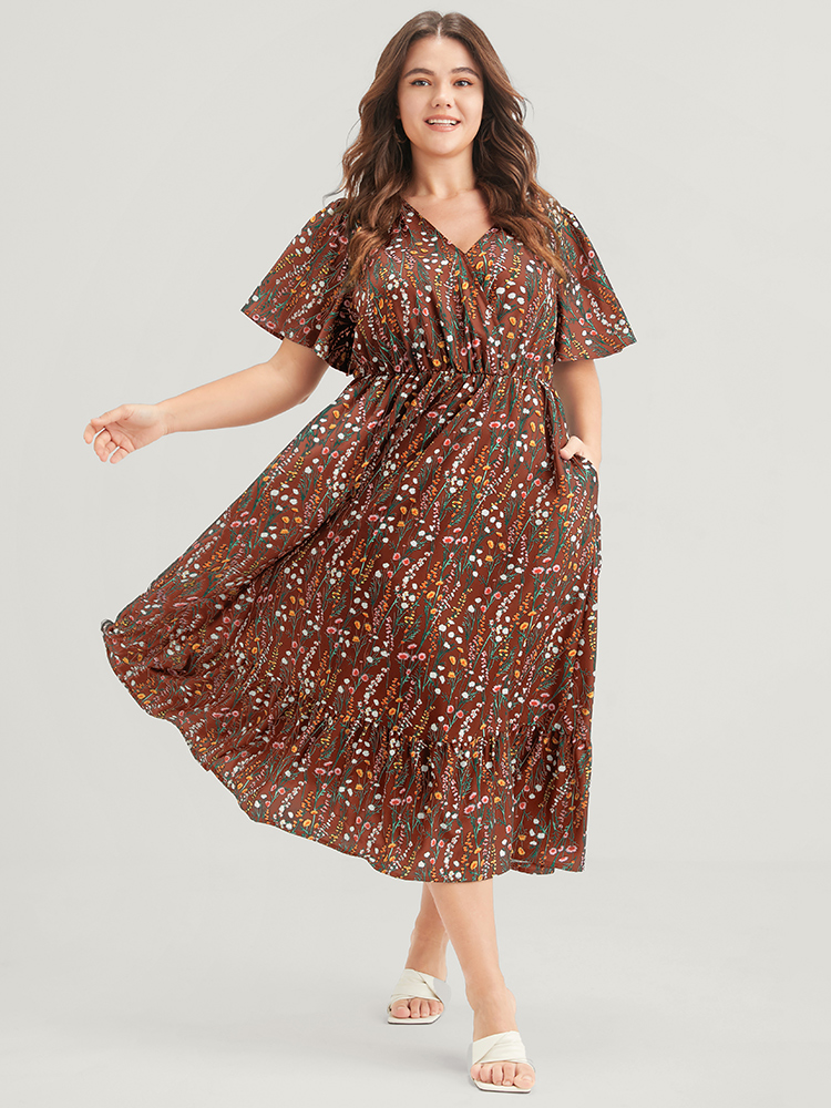 

Plus Size Ditsy Floral Elastic Waist Button Ruffle Pocket Wrap Midi Dress Chocolate Women Elegant Pocket V-neck Short sleeve Curvy Long Dress BloomChic