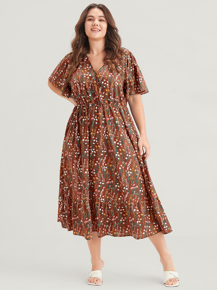 Plus Size Ditsy Floral Elastic Waist Button Ruffle Pocket Wrap Midi Dress Chocolate Women Elegant Pocket V-neck Short sleeve Curvy Long Dress BloomChic 14-16/1X 