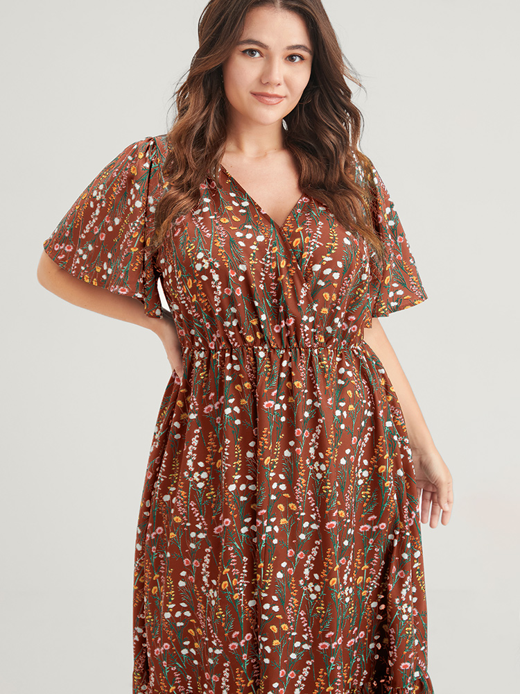 Plus Size Ditsy Floral Elastic Waist Button Ruffle Pocket Wrap Midi Dress Chocolate Women Elegant Pocket V-neck Short sleeve Curvy Long Dress BloomChic 14-16/1X 