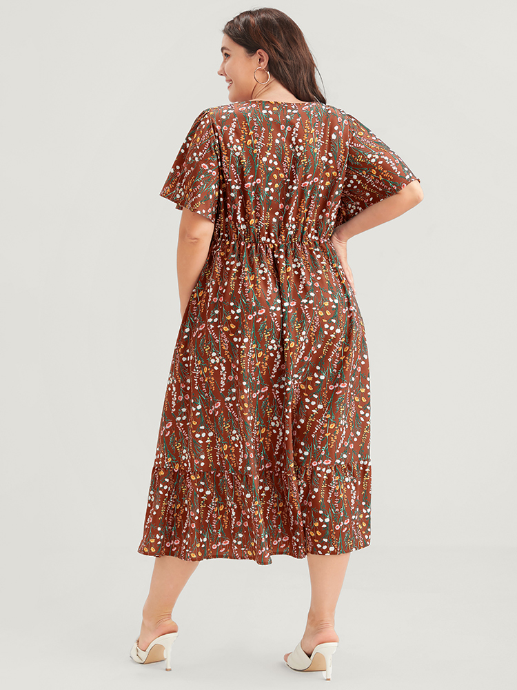 Plus Size Ditsy Floral Elastic Waist Button Ruffle Pocket Wrap Midi Dress Chocolate Women Elegant Pocket V-neck Short sleeve Curvy Long Dress BloomChic 14-16/1X 